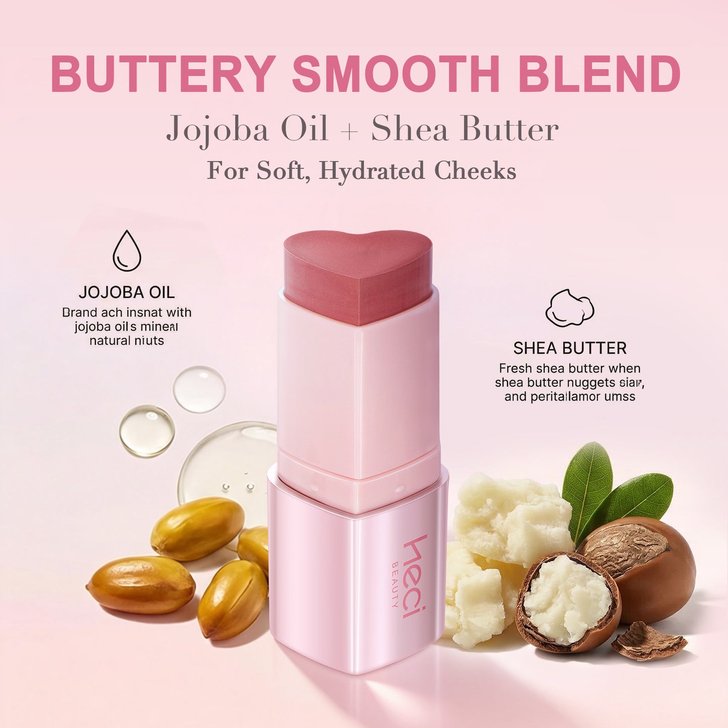 HECI BEAUTY Cream Blush Stick, Heart-Shaped Cream-to-Powder Blush 0.25 oz – Soft-Focus Long-Lasting Cheek & Eye Color, Jojoba Oil & Shea Butter, Vegan & Cruelty-Free, Gift for Her, SPICY